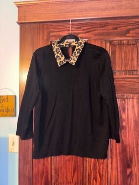 Talbots Black Pullover with Leopard-Print Collar